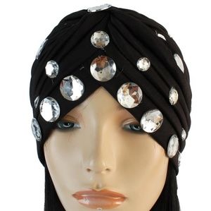 Black Turban w Glass Crystal Dots Hair Beanie Hat Round Stone Fashion Accessory